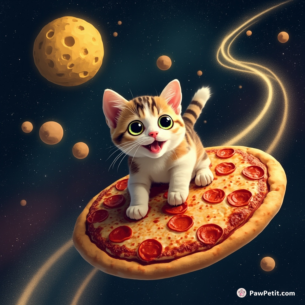 A calico cat surfing on a pepperoni pizza in space along a trail of stardust towards the Cheese Moon.