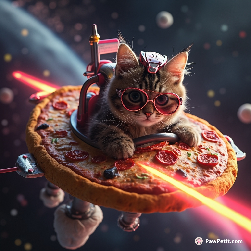 Cybernetic cat piloting a pizza-shaped space rocket in an iridescent cosmos, steering with vibrant laser yarn balls.