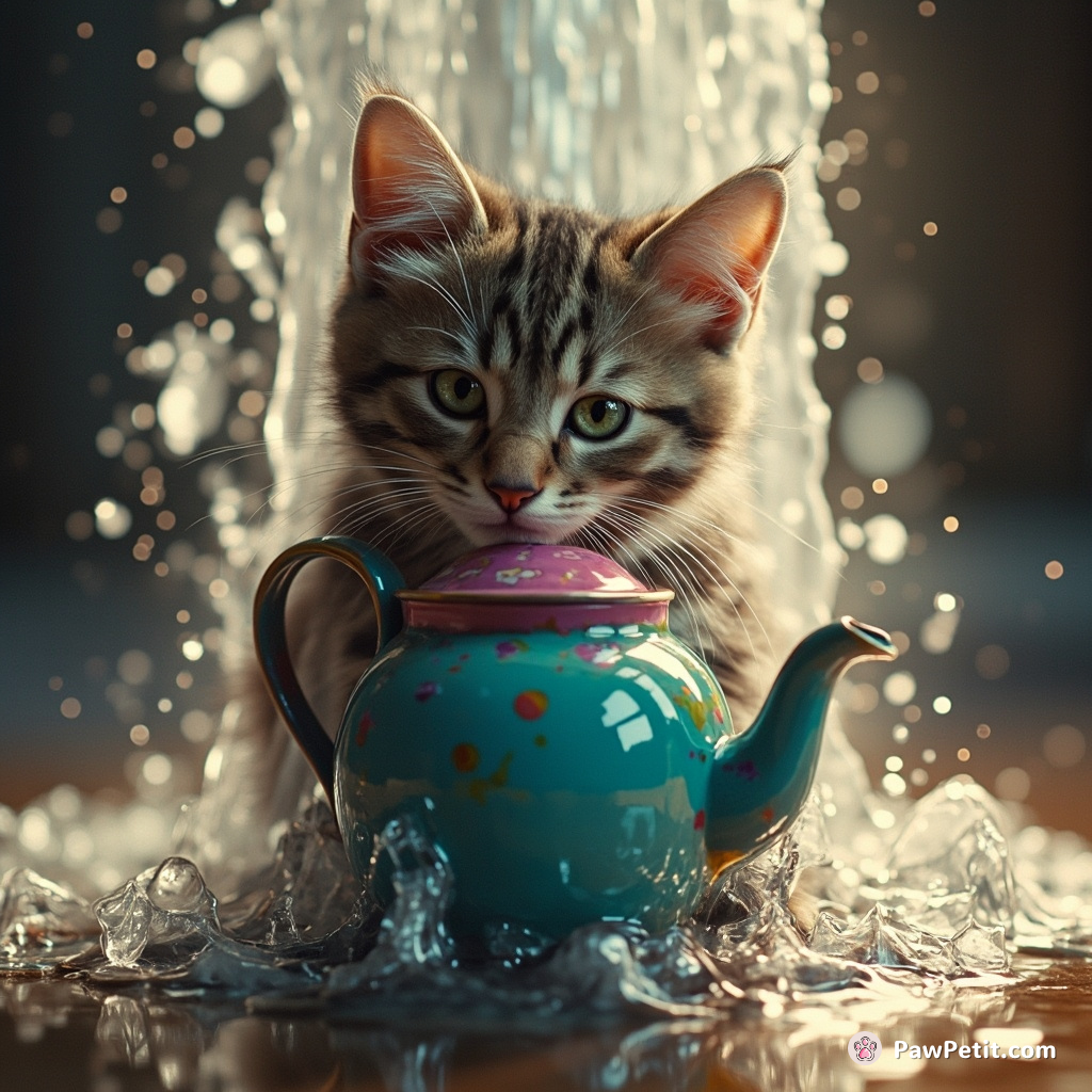 Cat sipping from a technicolor teapot rising out of a sparkling geyser.