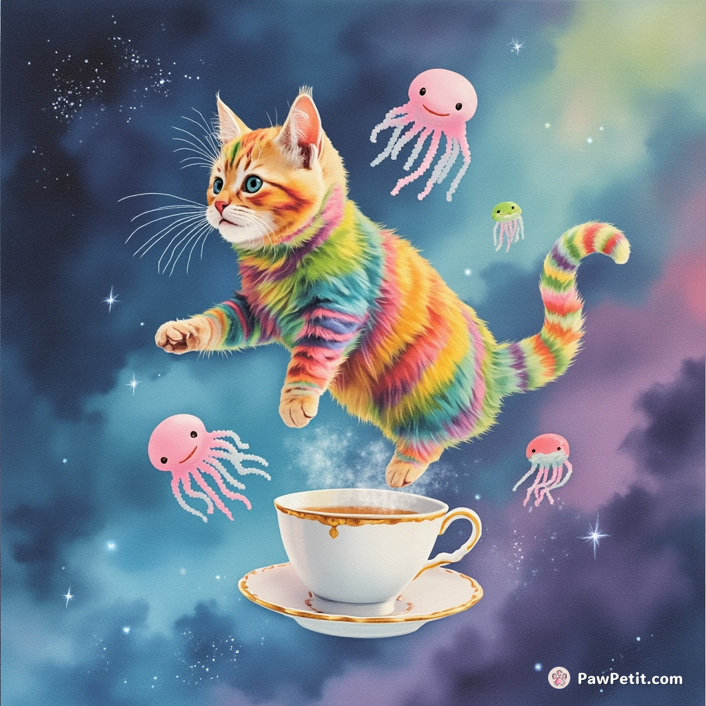 Rainbow striped cat levitating above a teacup in zero-gravity-space chasing miniature jellyfish aliens.