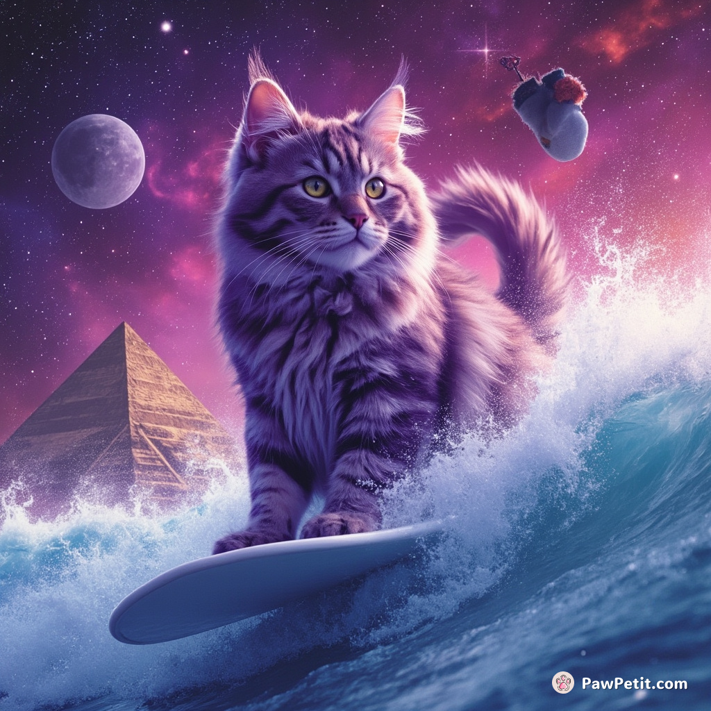 A purple feline majestically surfing on a vivid galaxy wave with the Sphinx and mittens in the backdrop.