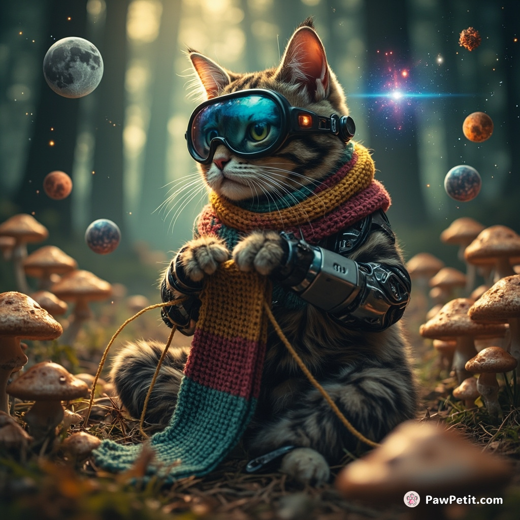 Mechanical cyborg cat knitting an infinite scarf with planets, stars and galaxies floating in a mushroom-infested woodland.