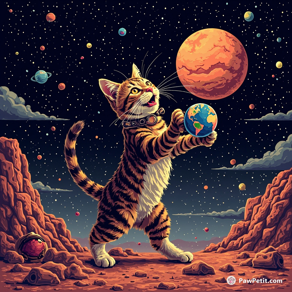 A giant cosmic cat playfully batting at Mars, Earth serving as their jingling bell collar toy.