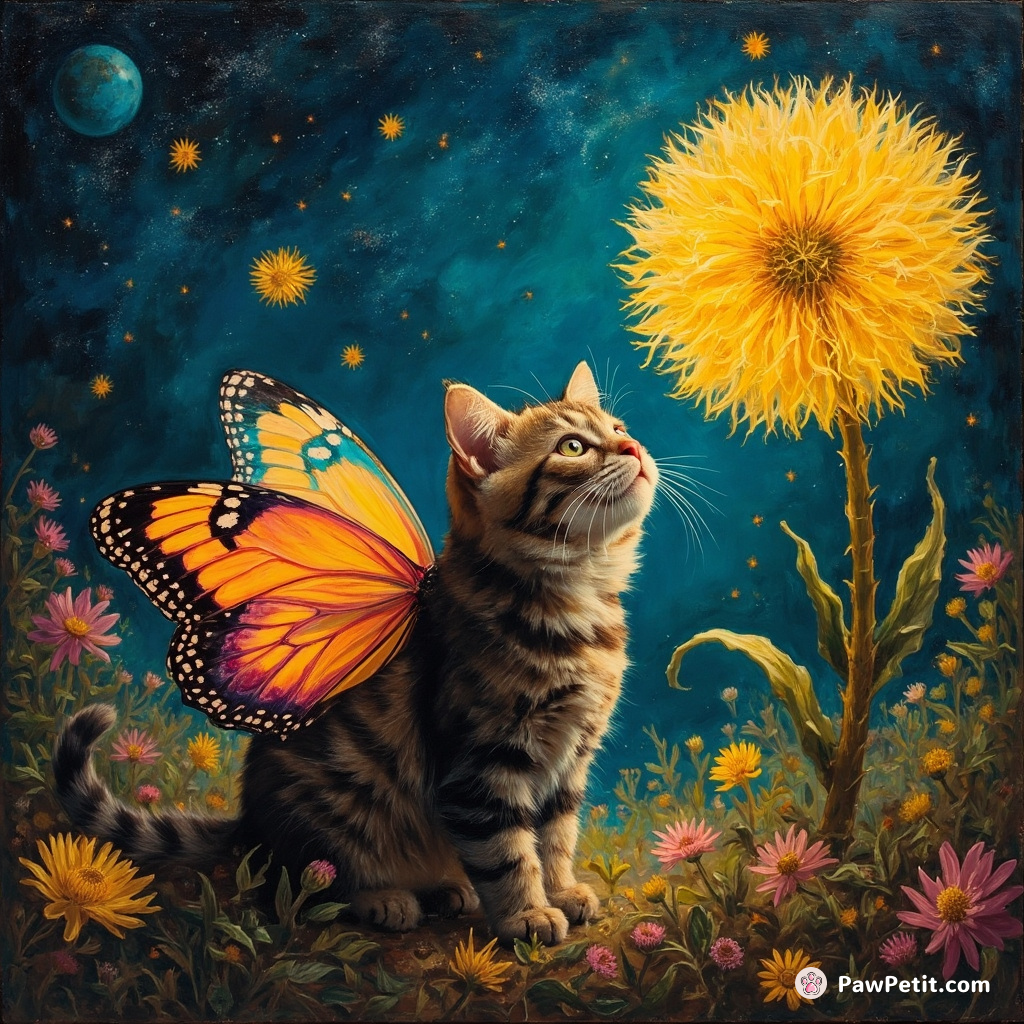 A cat with butterfly wings sipping neon nectar from a gigantic glowing dandelion in a zero-gravity space garden.