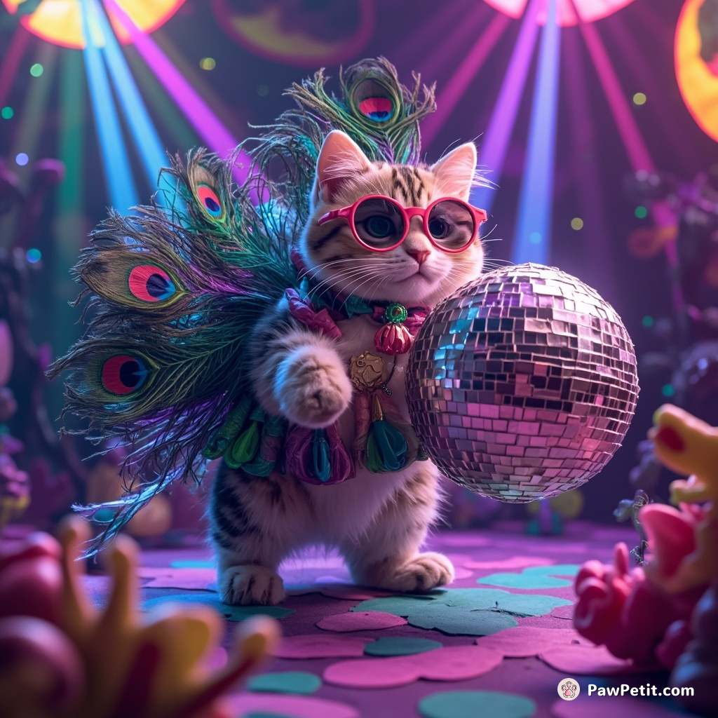 A cat with peacock feathers doubles as a disco ball under the psychedelic lights of an underwater fantasy club, grooving to the electric eel band.