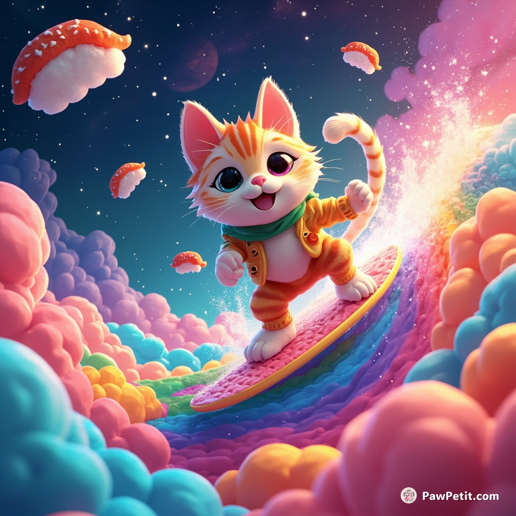 A cosmic cat surfing rainbow-colored waves through a galaxy of giant sushi.