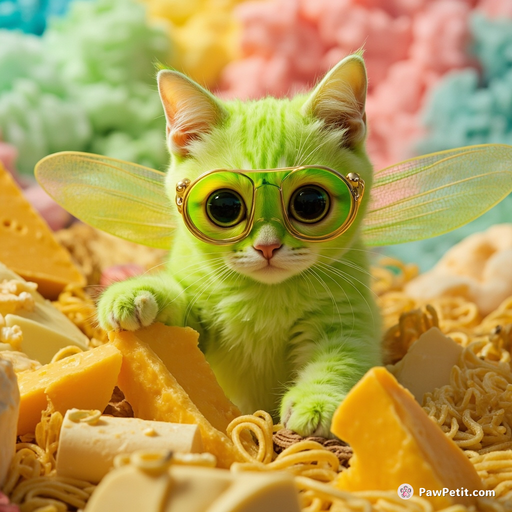 A neon green sci-fi cat with dragonfly wings fixing a world made of cheese using pasta tools inside an enormous ice-cream cloud.