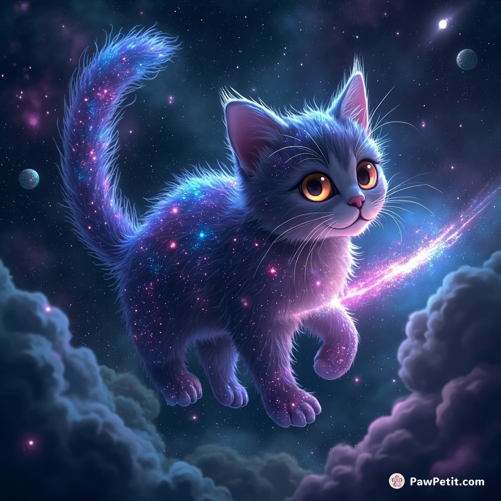A Nebula cat with galactic fur using a meteor as yarn in zero gravity space.Interop