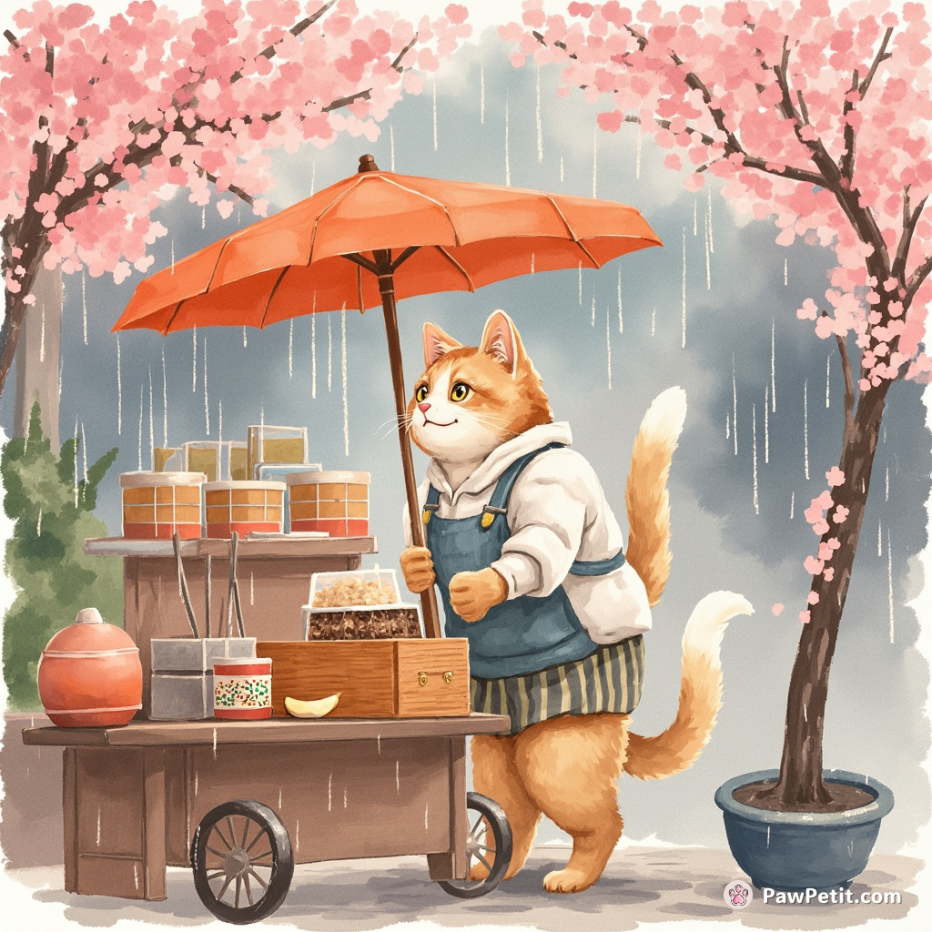 Cat running a noodle food stand in Tokyo under cherry blossom rain.