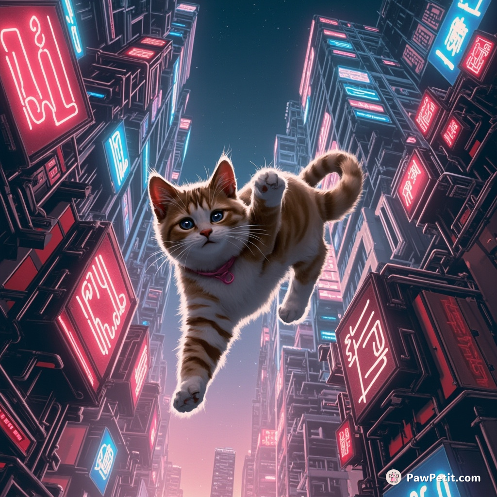 Cat darting swiftly, scales dizzying heights of skyscrapers, navigating between neon signs in a mechanical lit metropolis.