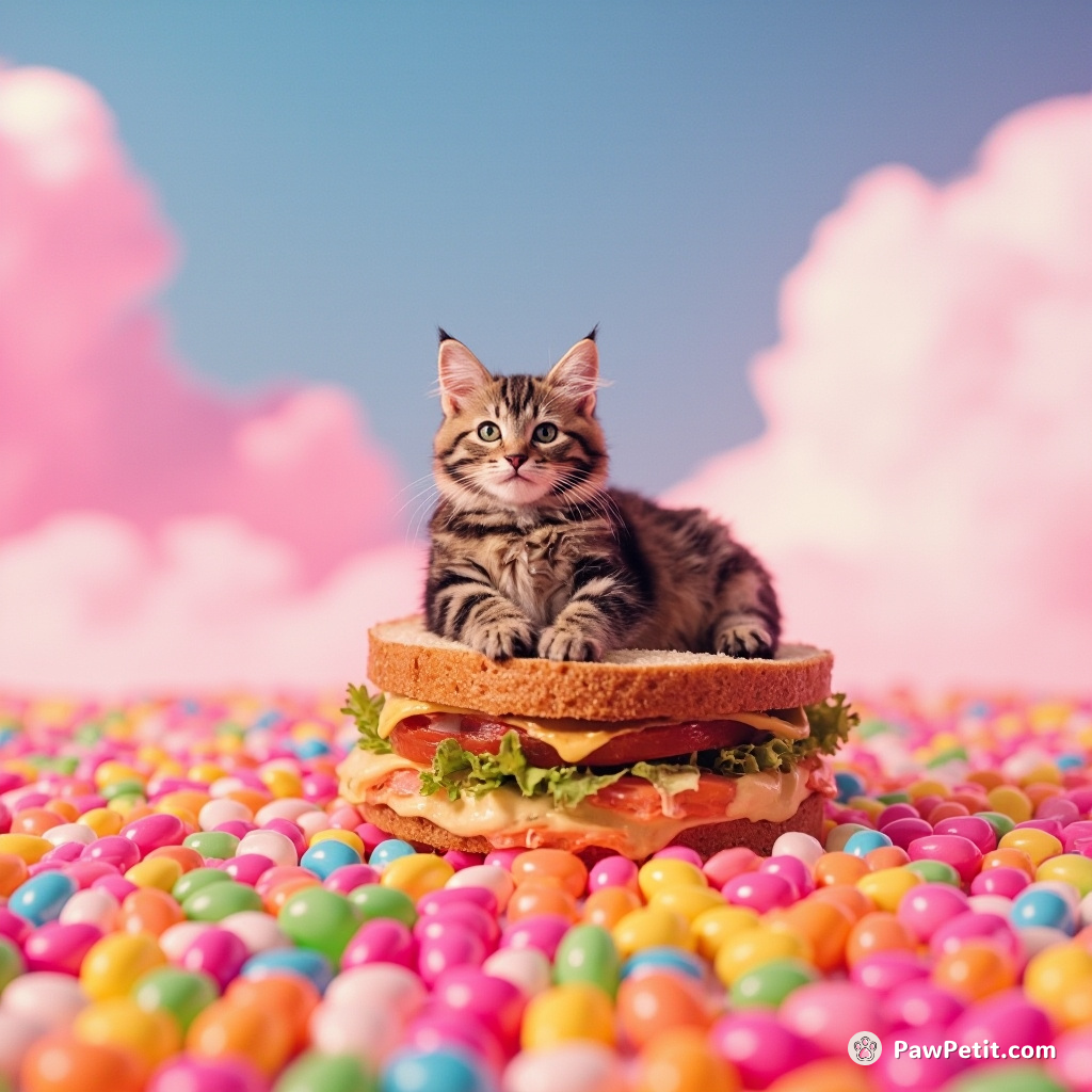 Cat posing gracefully on a floating sandwich in an ocean of rainbow jellybeans under cotton candy clouds.