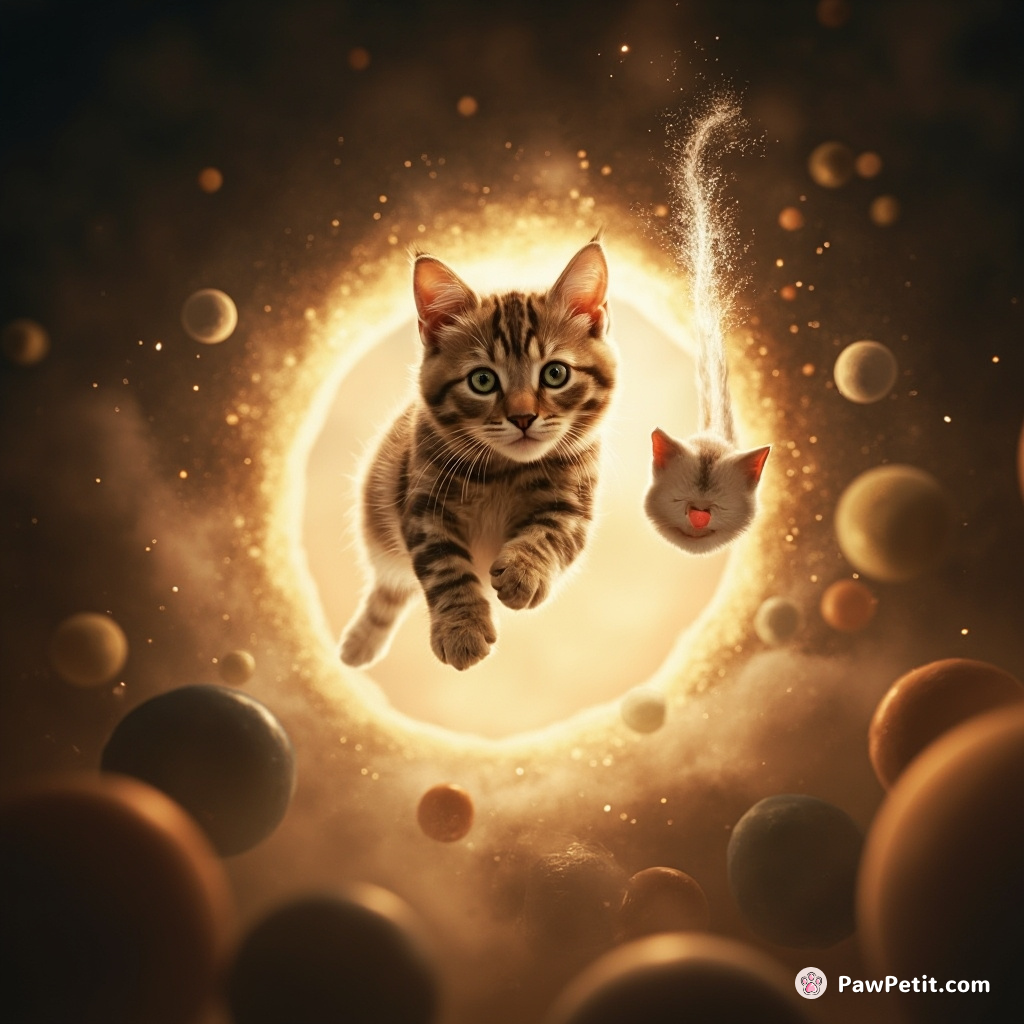 The cat leaps through a shimmering portal, chasing the tail of a mischievous, vanishing comet.