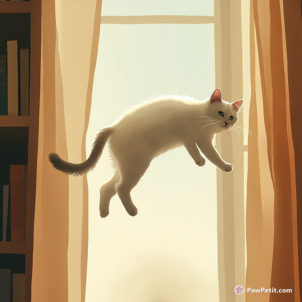 Whiskers twitch as a cat leaps silently from bookshelf to curtain rod, observing the human world below.