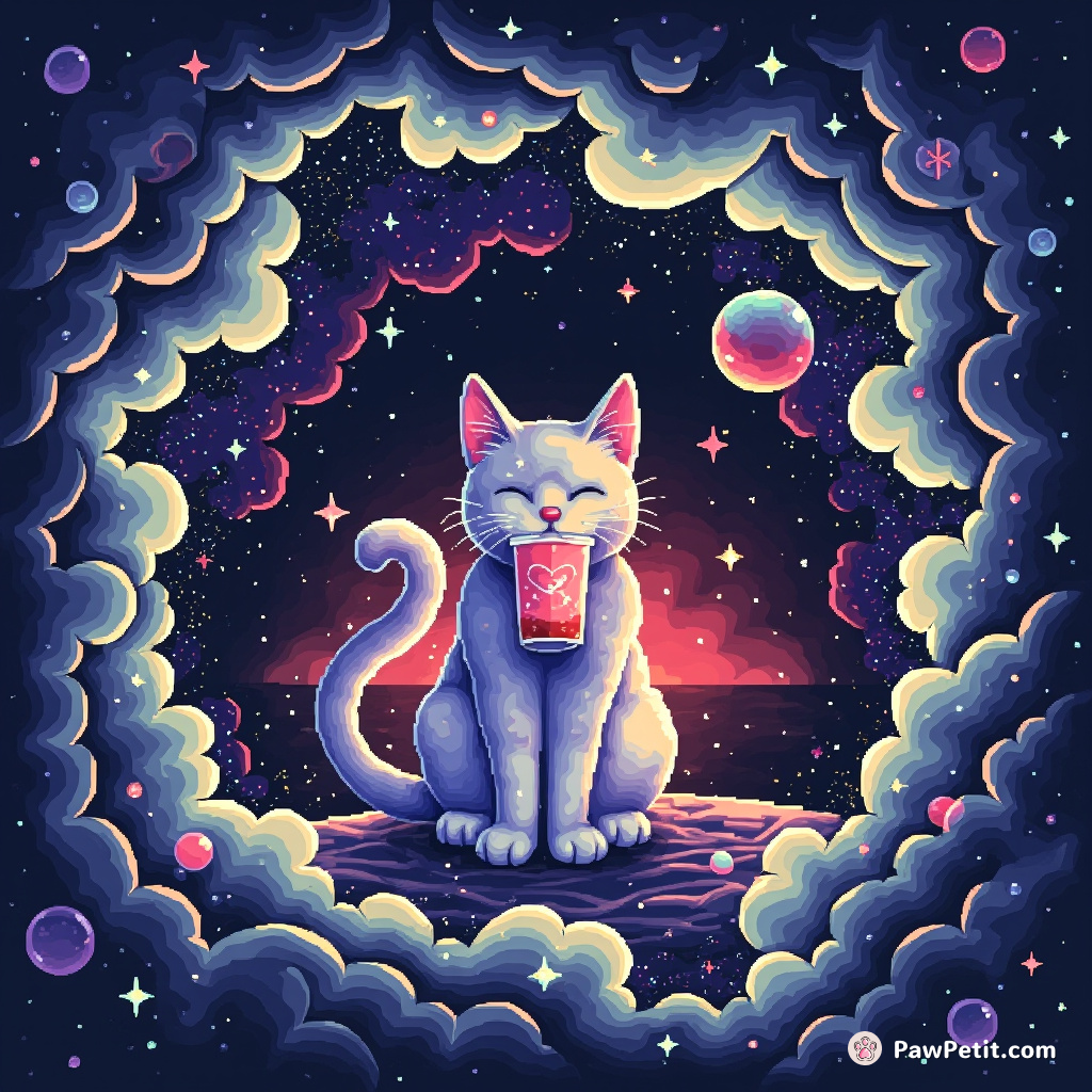 A cat sitting in the eye of a digital storm, sipping bubble tea using its tail.