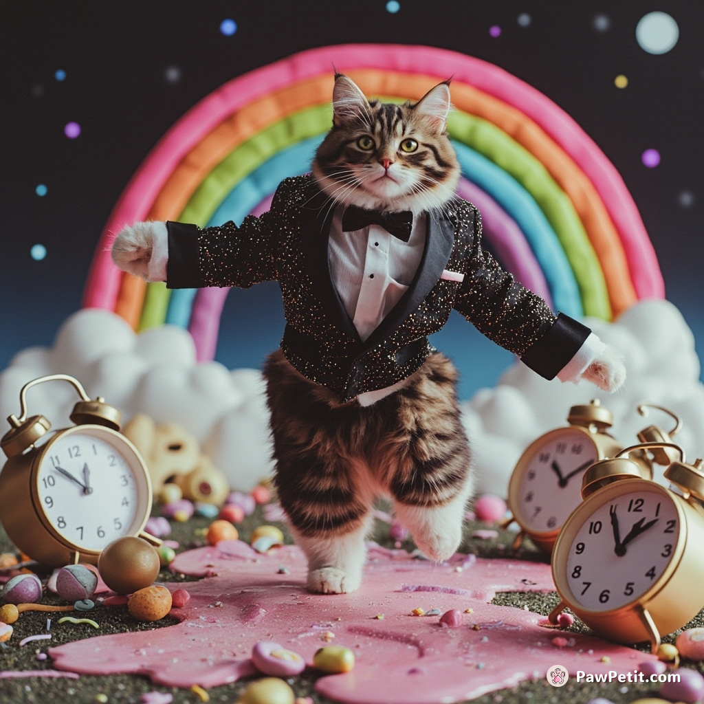 A tabby cat moonwalking on a rainbow with melting clocks, draped in a tuxedo made of stardust.