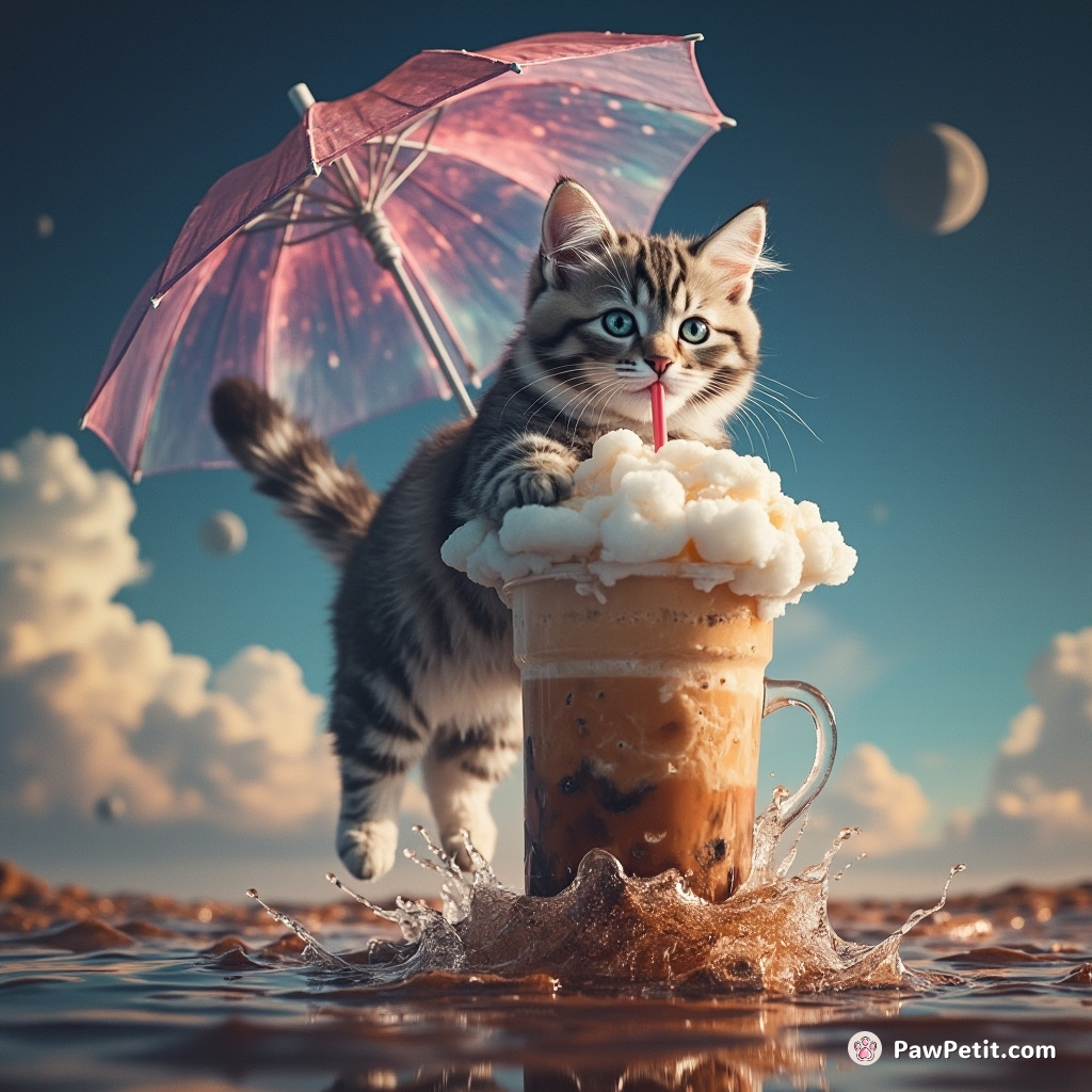 Cat levitating over an ocean of soda, sipping on a galaxy-filled milkshake with an umbrella made of clouds.