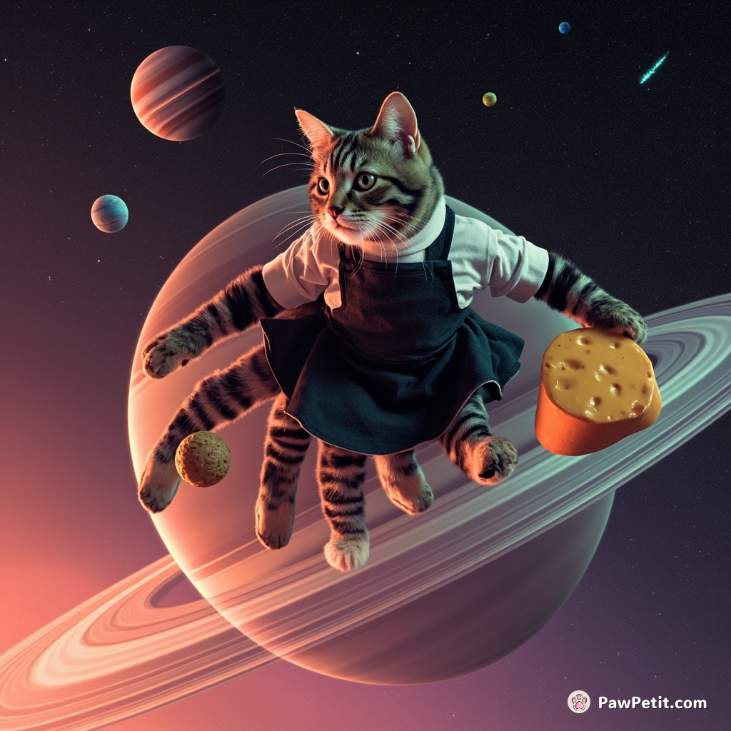 A tabby cat with eight legs running on the rings of Saturn, carrying miniature cheese planets in her small black apron.