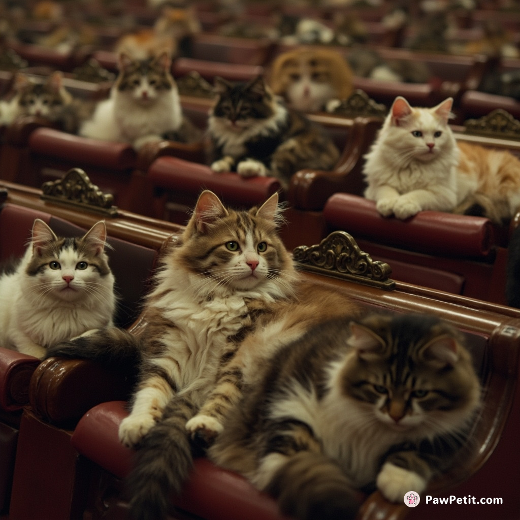 Felines leisurely lounging on every governmental seat, authoritatively ignoring frantic human pleas for order.