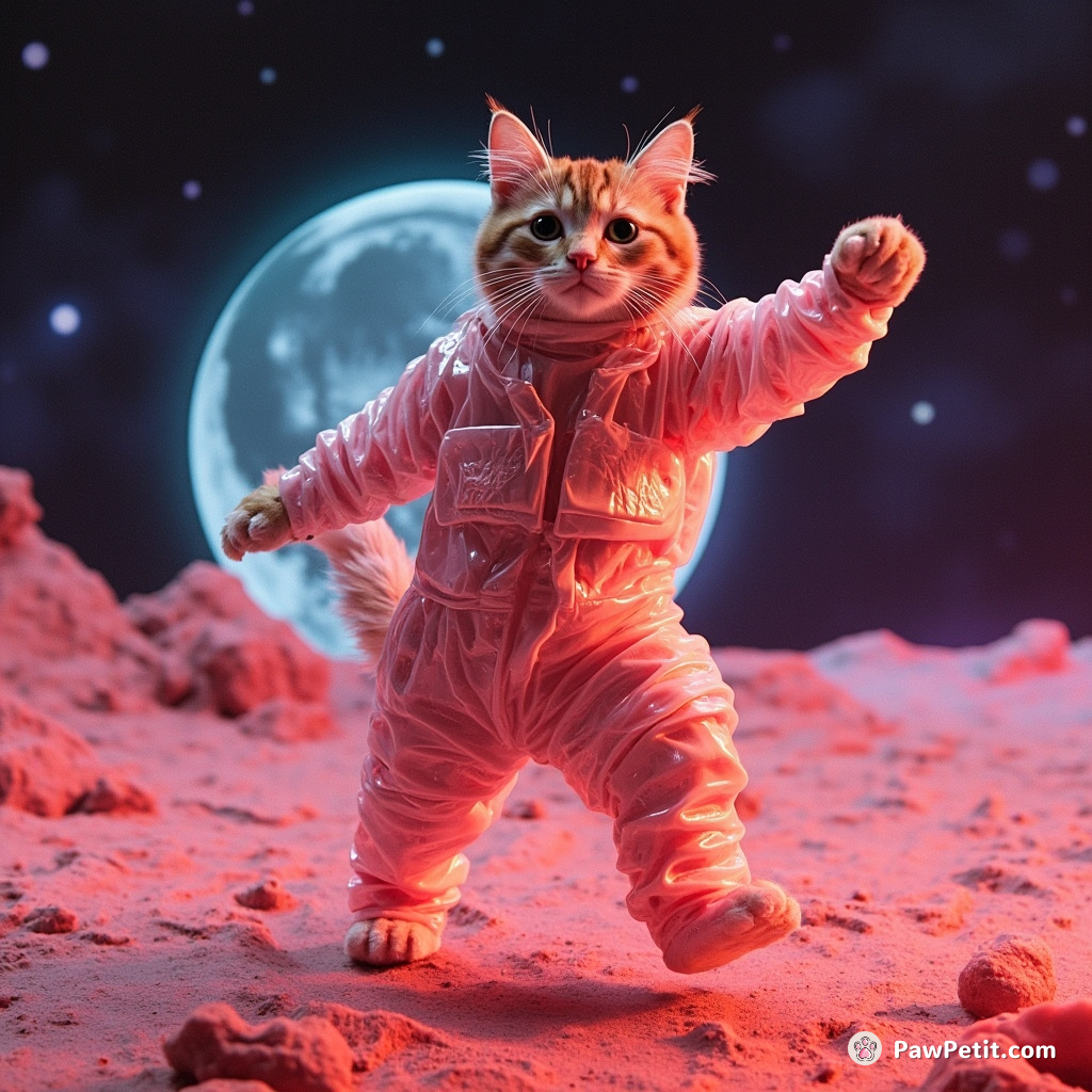 Cosmic disco cat performing a masterful moonwalk on Mars, encased in strawberry jelly.