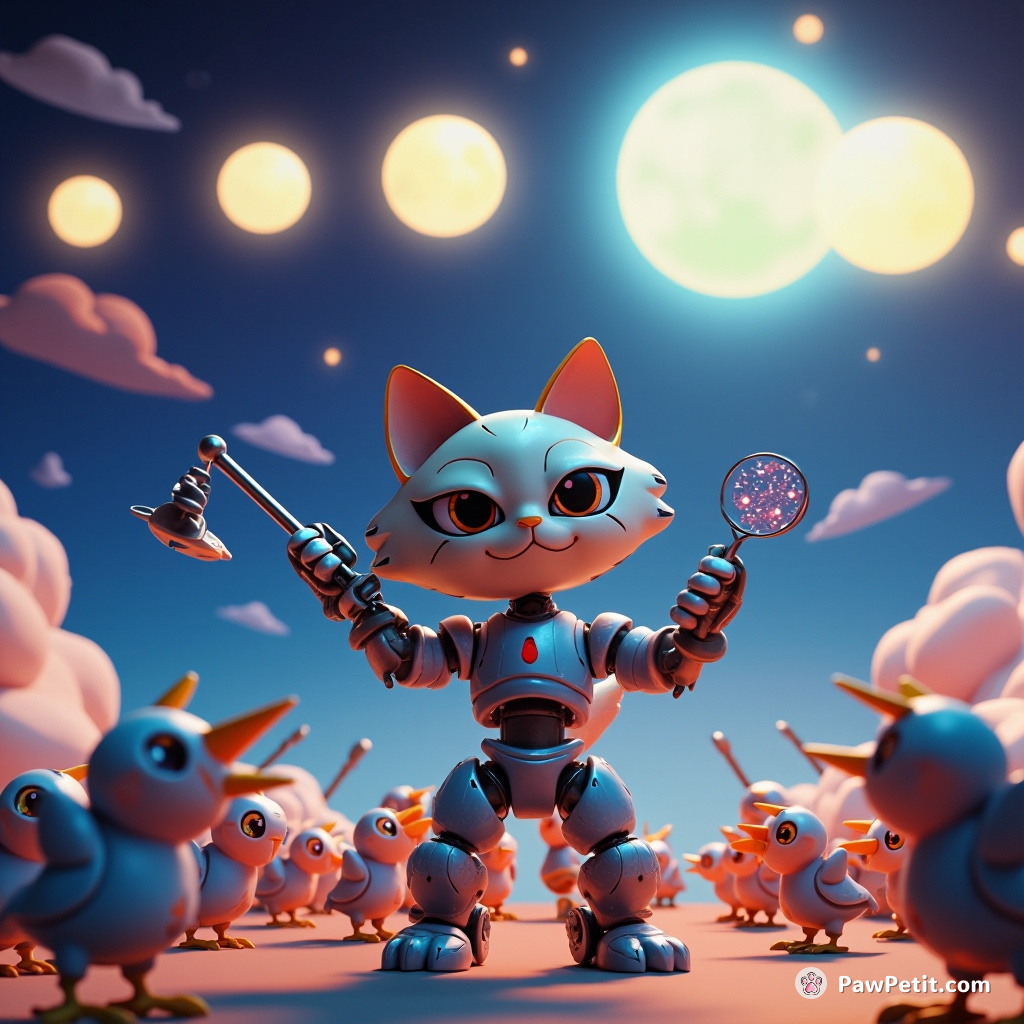 A robot cat conducting an orchestra of android birds under a luminescent triple-moon alien sky.