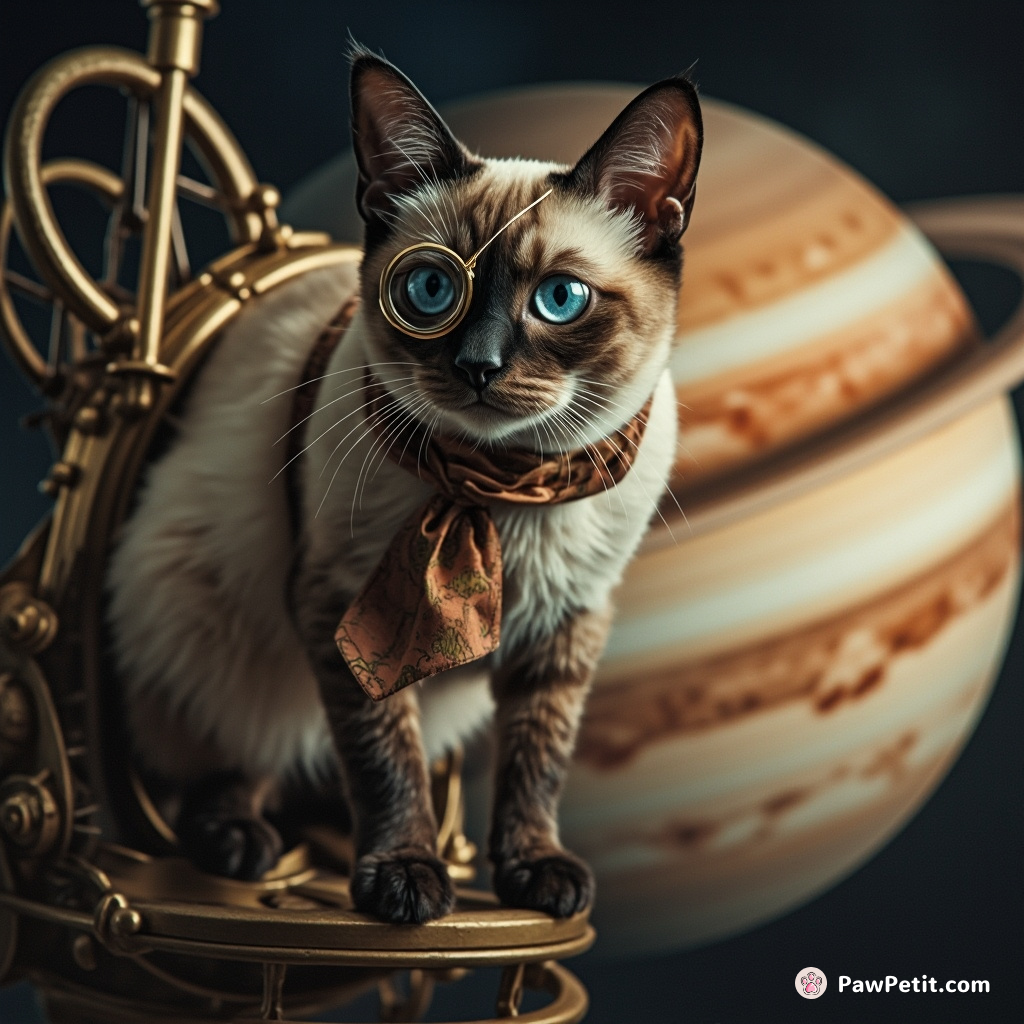 A Siamese cat flying a steampunk spaceship through the rings of Jupiter, wearing a monocle and Victorian ascot.