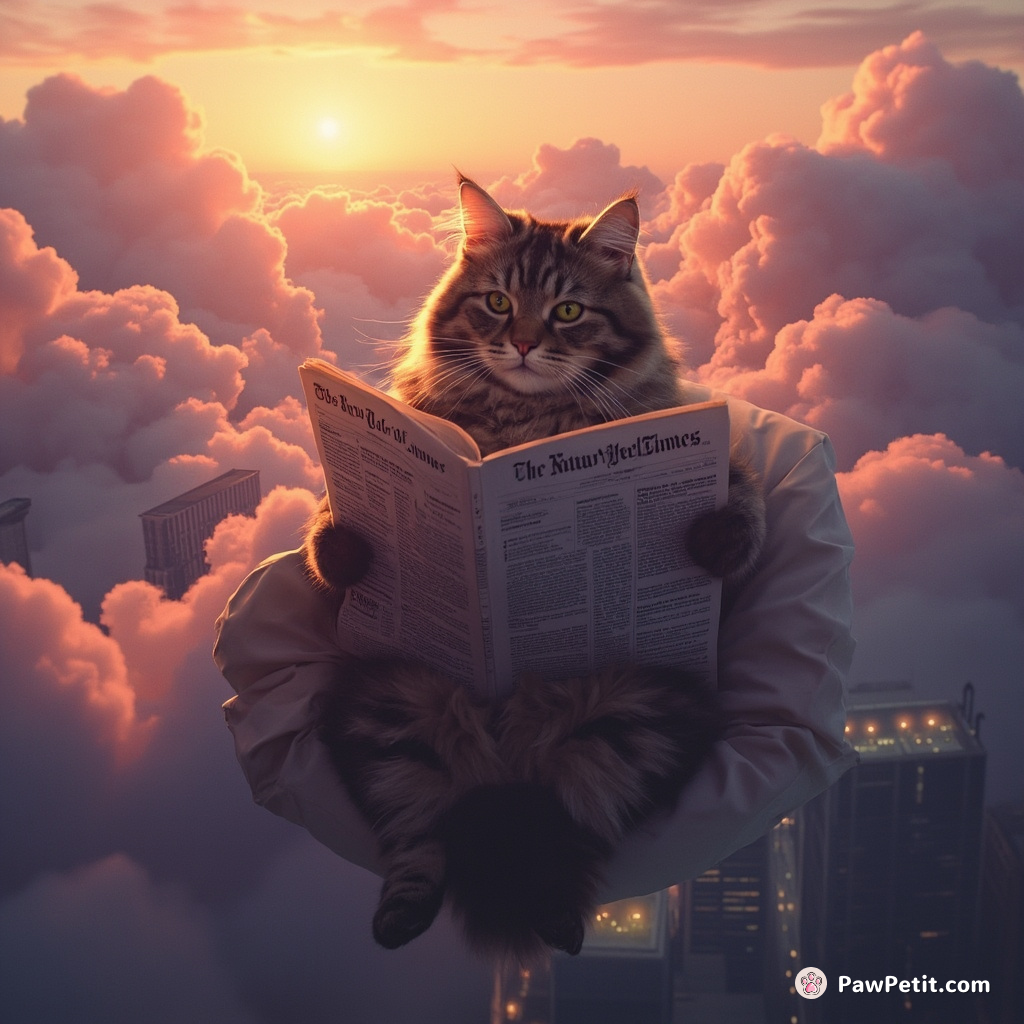 A wise, elderly cat reading the New York Times while floating in foliage-like clouds over a vaporwave-electro cityscape at sunset.