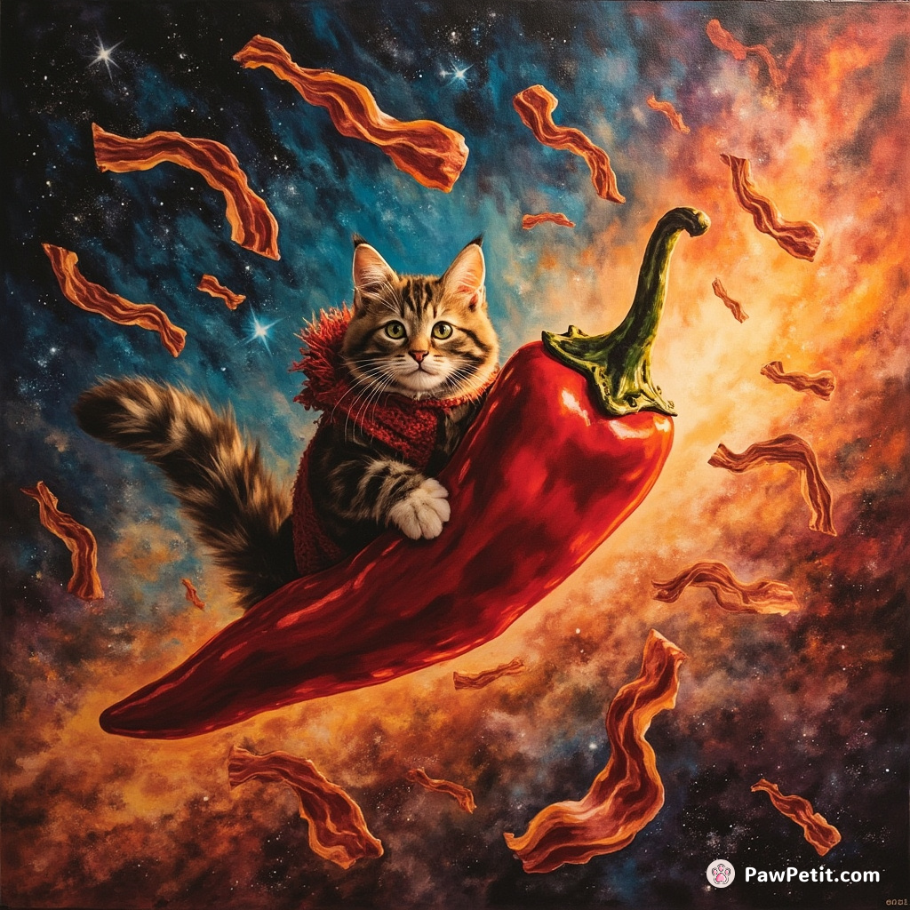 A cat piloting a red hot chili pepper spacecraft in a technicolor galaxy of flying bacon strips.