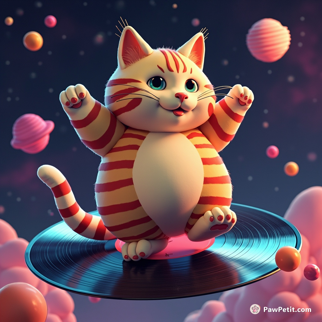 A plump cat with psychedelic stripes breakdancing on a floating vinyl record in outer space.