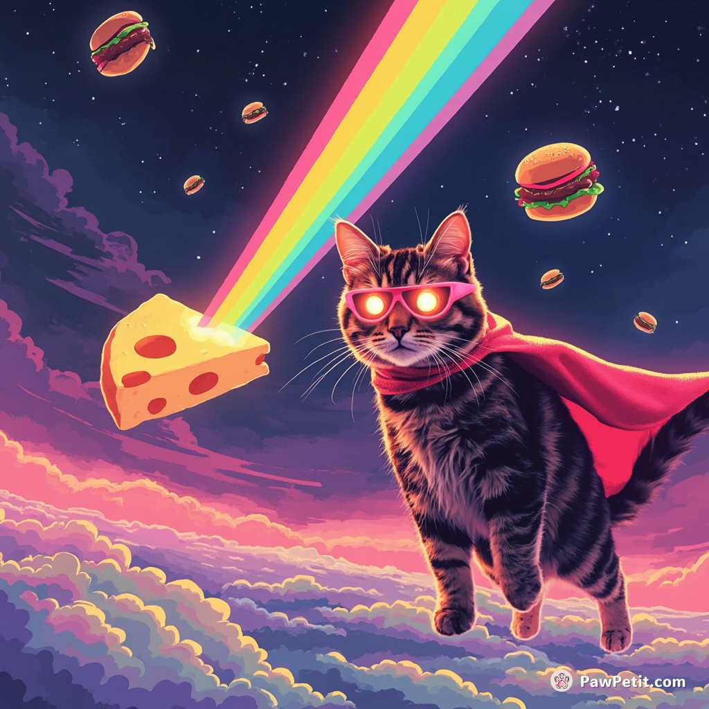 A cat wearing a fluorescent superhero cape, catapulting off a pastel moon cheese, firing rainbow lasers from its glowing eyes towards impending alien hamburgers.