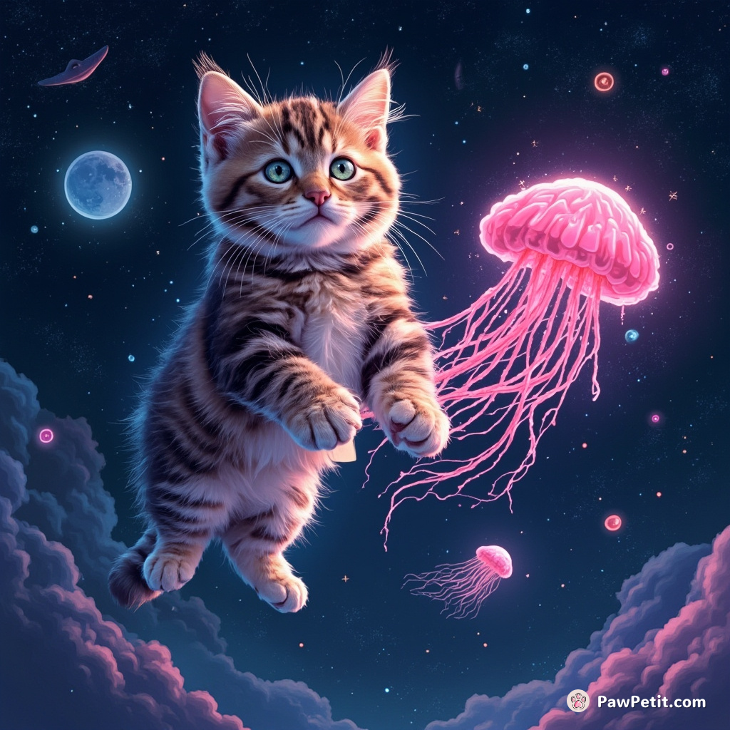 Cat levitating in outer space, using a neon jellyfish as a propulsive device.