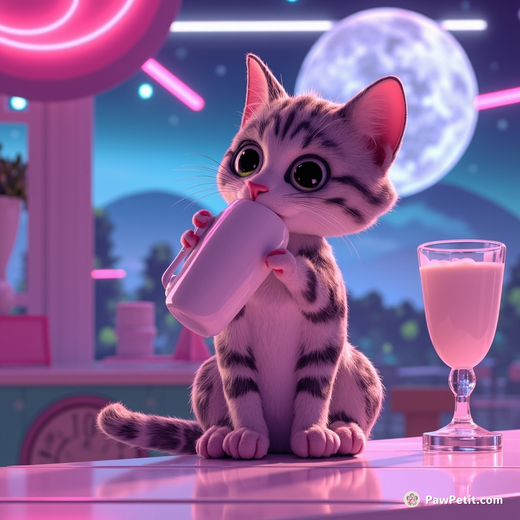 A mundanely futuristic feline drinking neon milk from the reflective surface of a giant suspended moon rock in a cosmic diner.