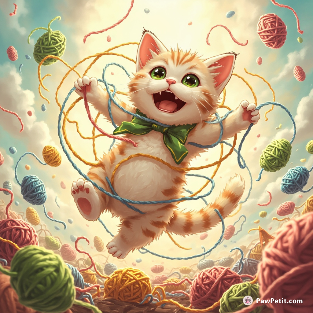 Cat leaps, tangles in yarn, spins wildly, then freezes, bewildered amidst the chaos.