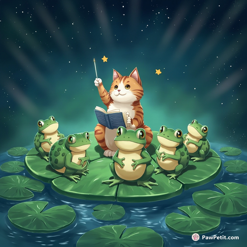 Cat conducting orchestra of frogs on glass lily-pads, under shooting stars.