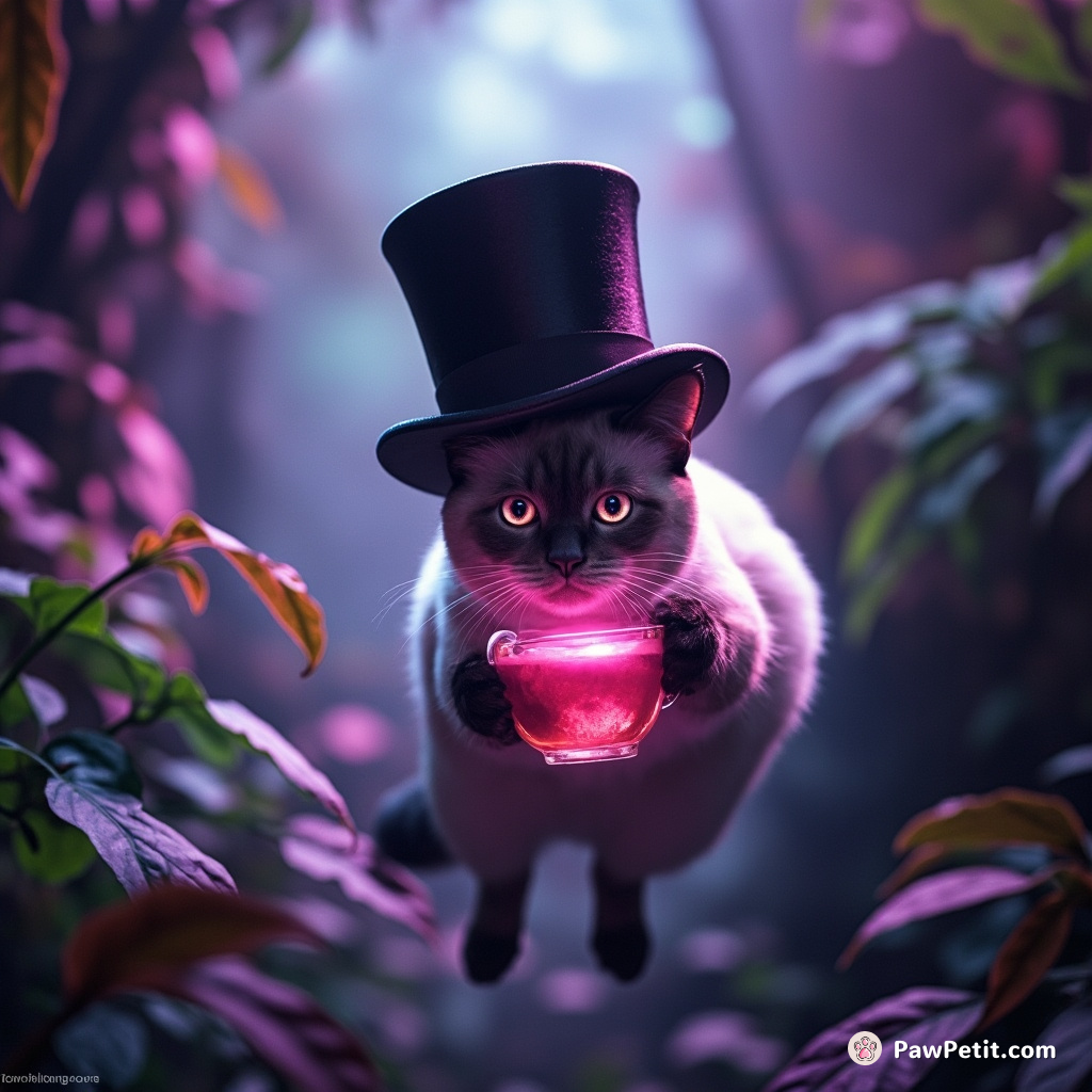 Six-eyed Siamese cat levitating in a neon-infused rainforest, drinking pink plasma tea from an oversized top hat.