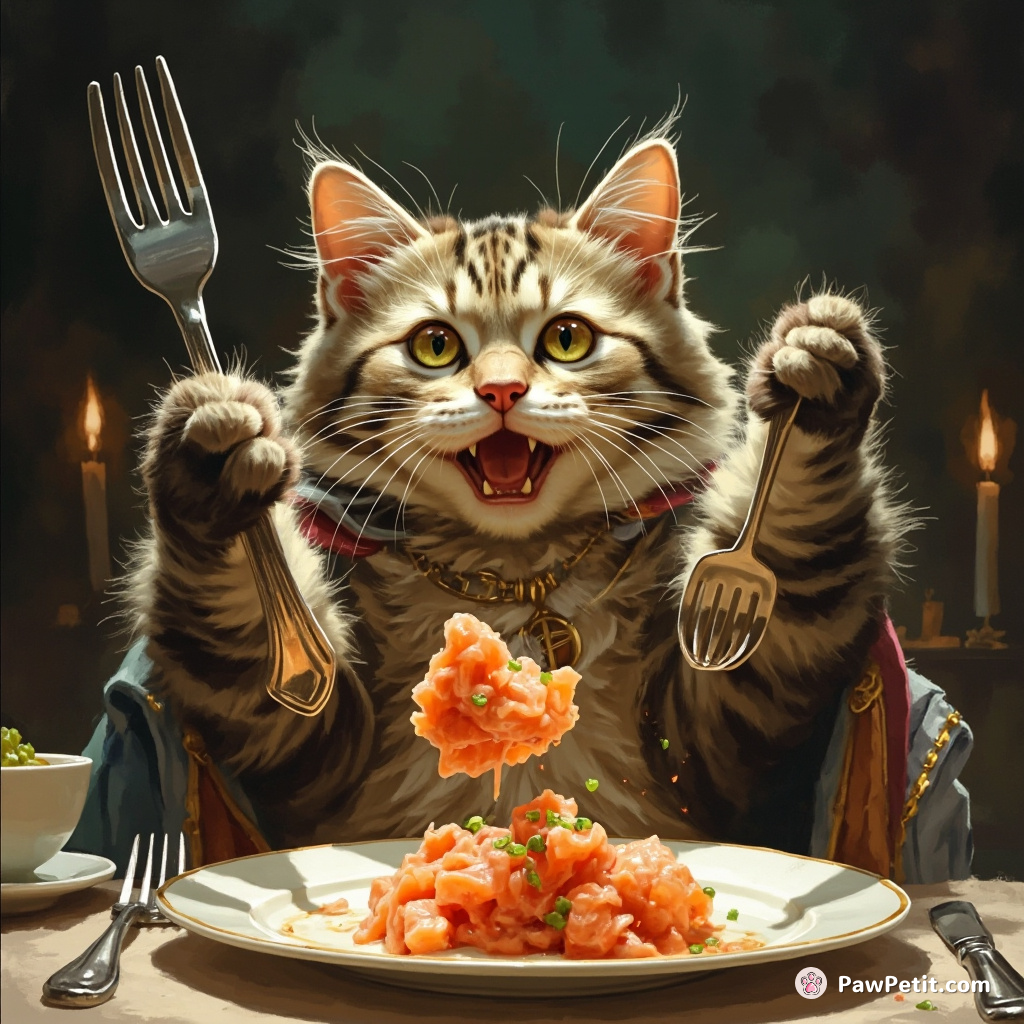 At dinners, the cat dramatically raises a fork with shaky paws, earnestly attempting to devour its salmon serving.
