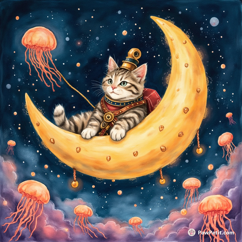 Steampunk cat piloting a raspberry-shaped spaceship amidst neon jellyfish fields in outer space.