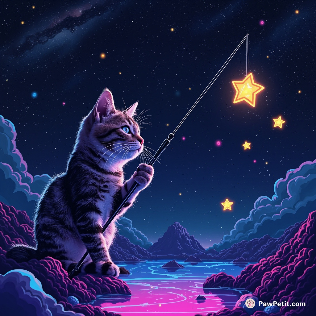 Cat fishing in the Milky Way galaxy using stars as bait.