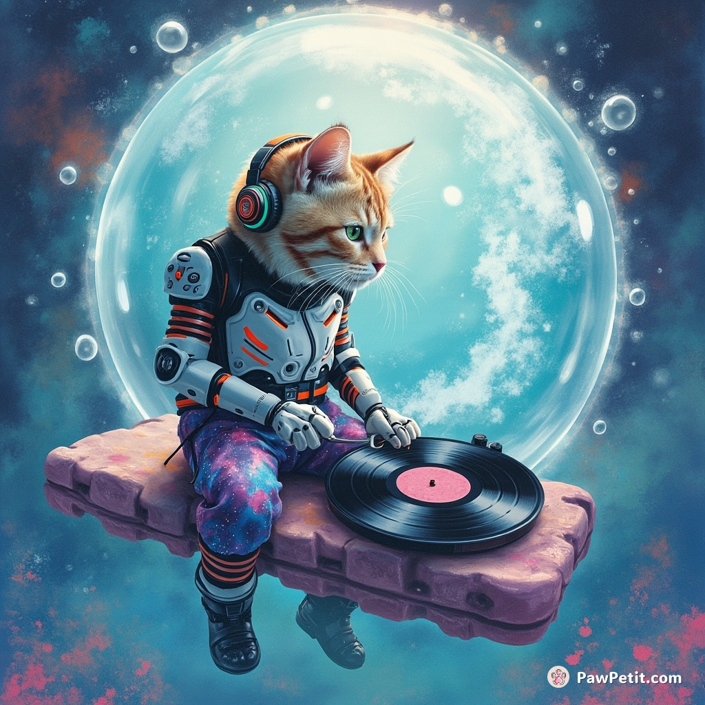 Cyborg cat DJ spinning magical vinyl records in a floating bubble house underwater, wearing galaxy printed pants and neon headphones.