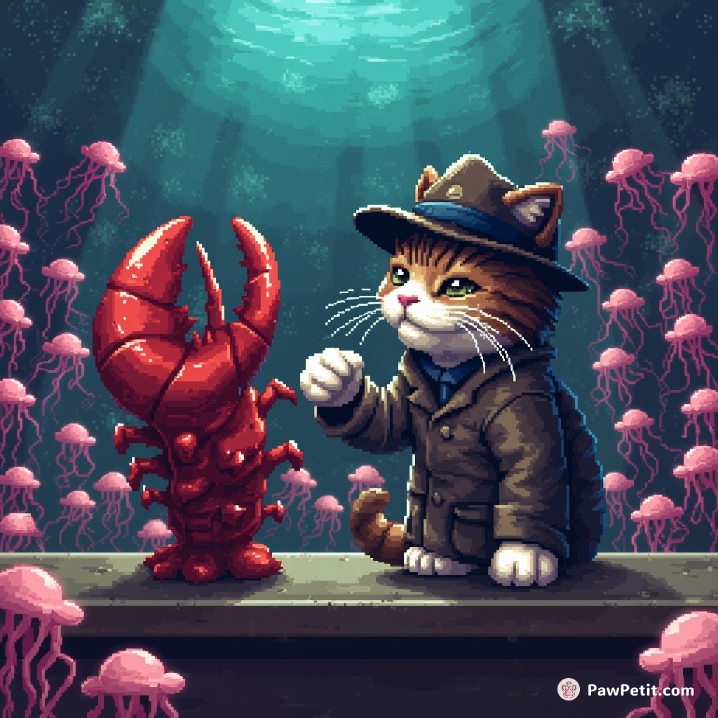 A detective cat interrogating a lob claw in an underwater courtroom filled with jellyfish jurors.