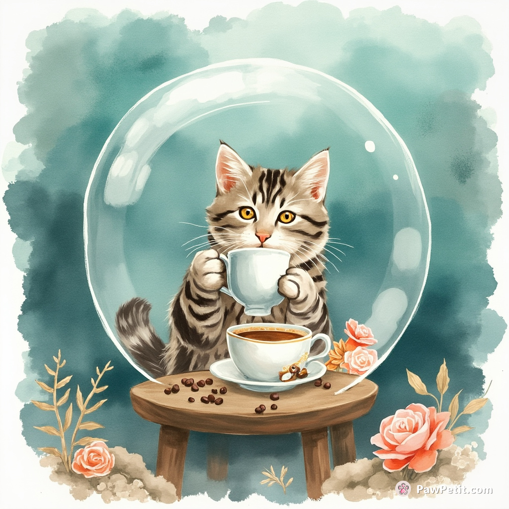 Cat sipping coffee from a levitating teacup in an undersea bubble cafe.