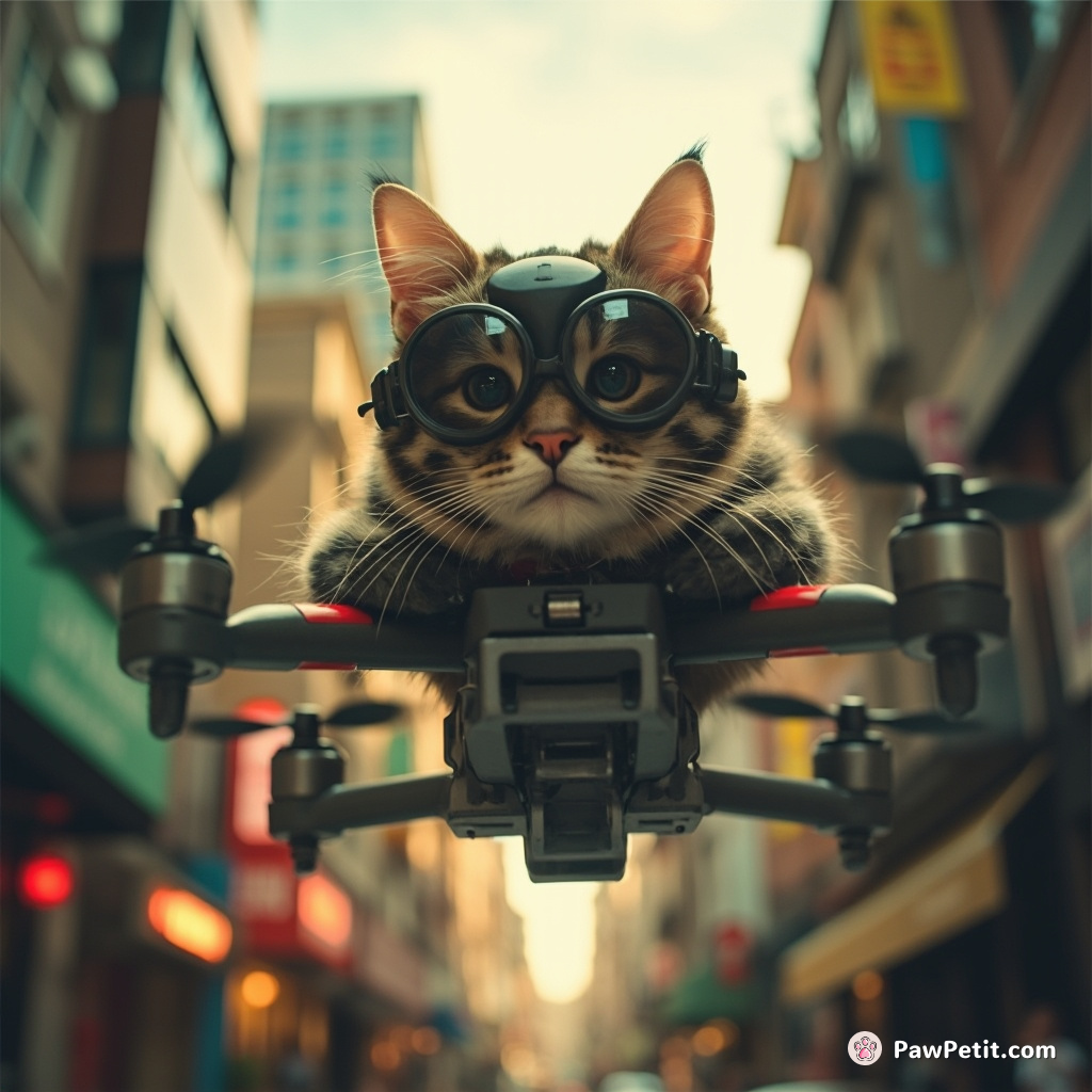 Whiskers, the tabby, stealthily pilots a drone, delivering secret messages between feline factions in the city.