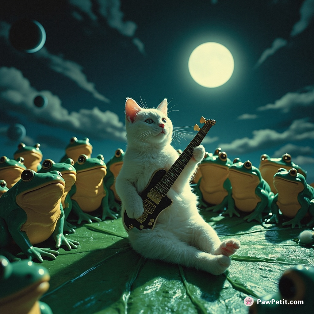 Cat conducting symphony orchestra of singing frogs on a giant lily pad under moonlight.