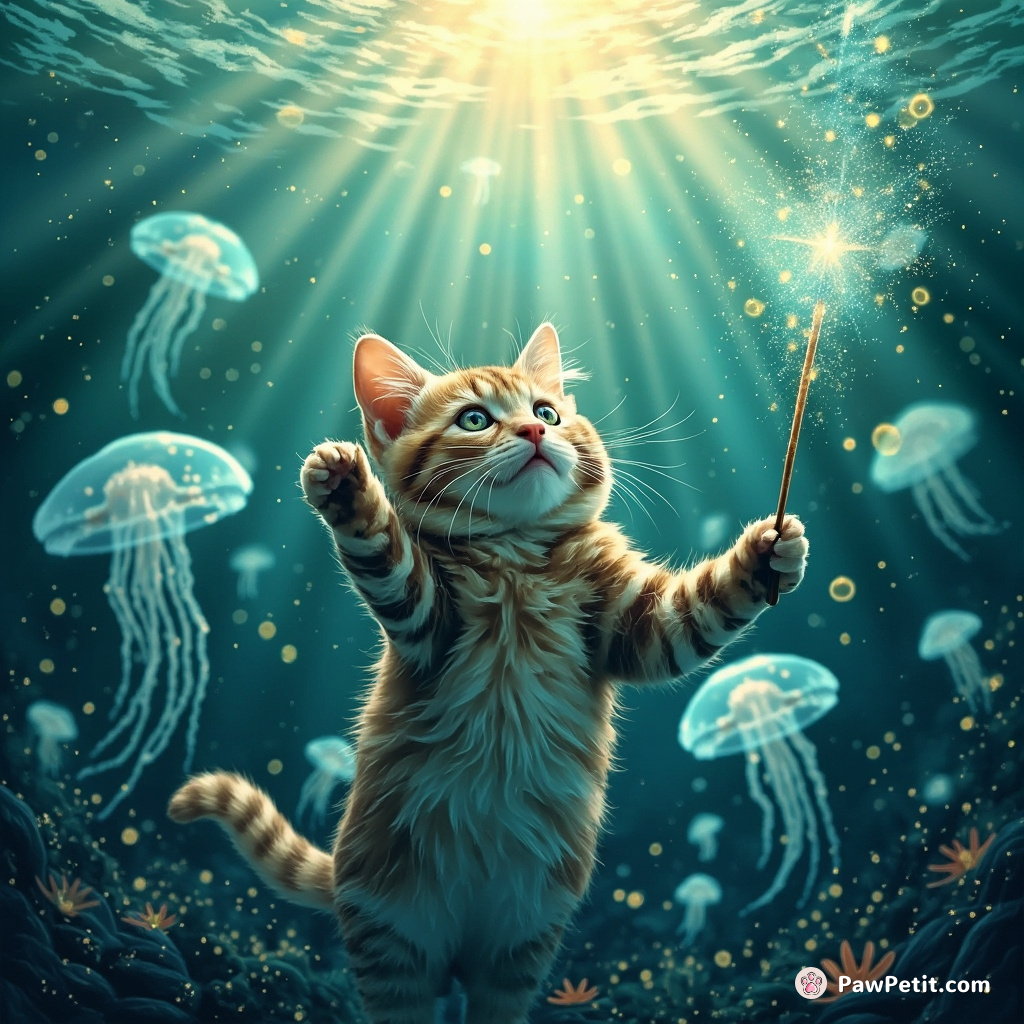 Cat conducting a symphony of jellyfish underwater with a wand made of sunlight.