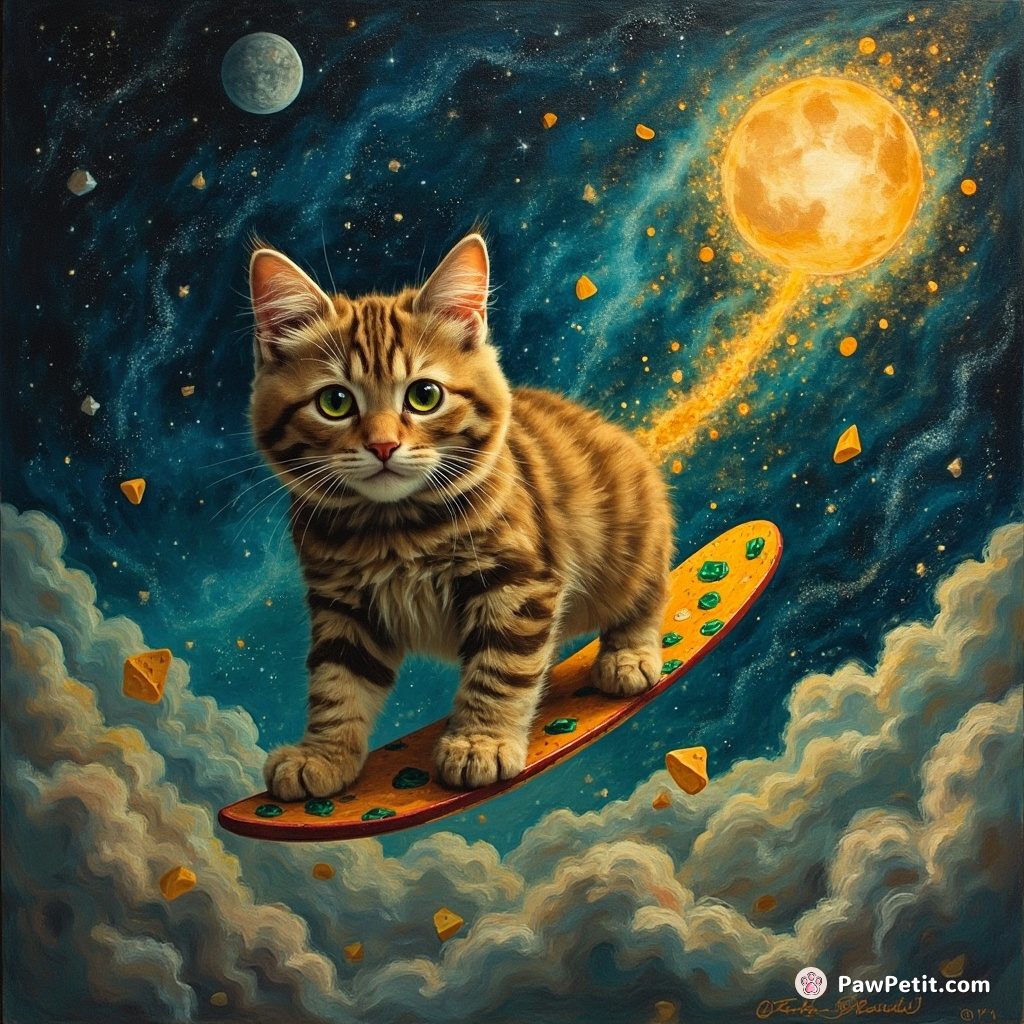 A distant galaxy cat surfing on a shooting star towards an emerald-encrusted cheddar cheese moon.