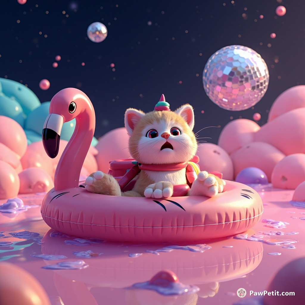 A space cat joyriding a half-sunken flamingo pool float in strawberry soda sea under glittering disco ball constellations.