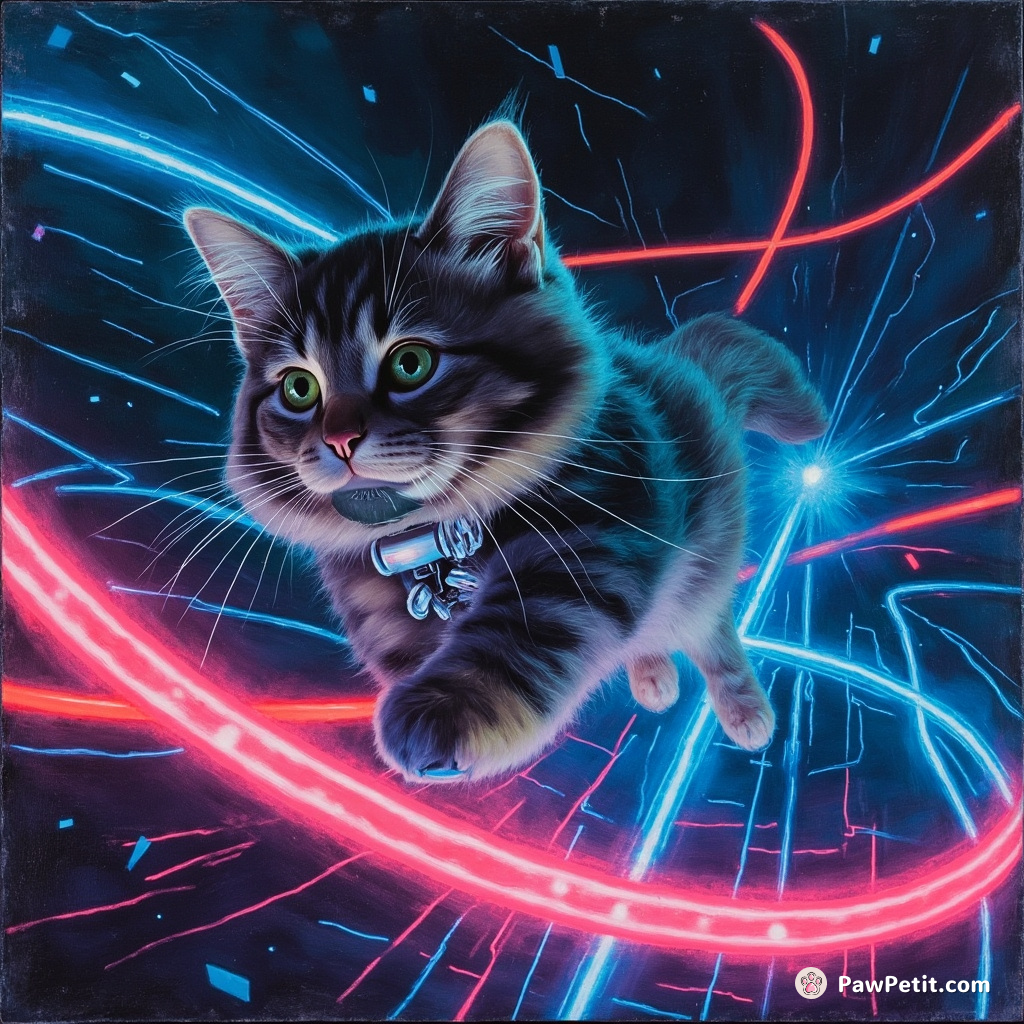 Bioluminescent whiskers probe, navigating glass vistas as the cybernetic cat stealthily surfs the neon quantum-meow flux-tube interchanges.