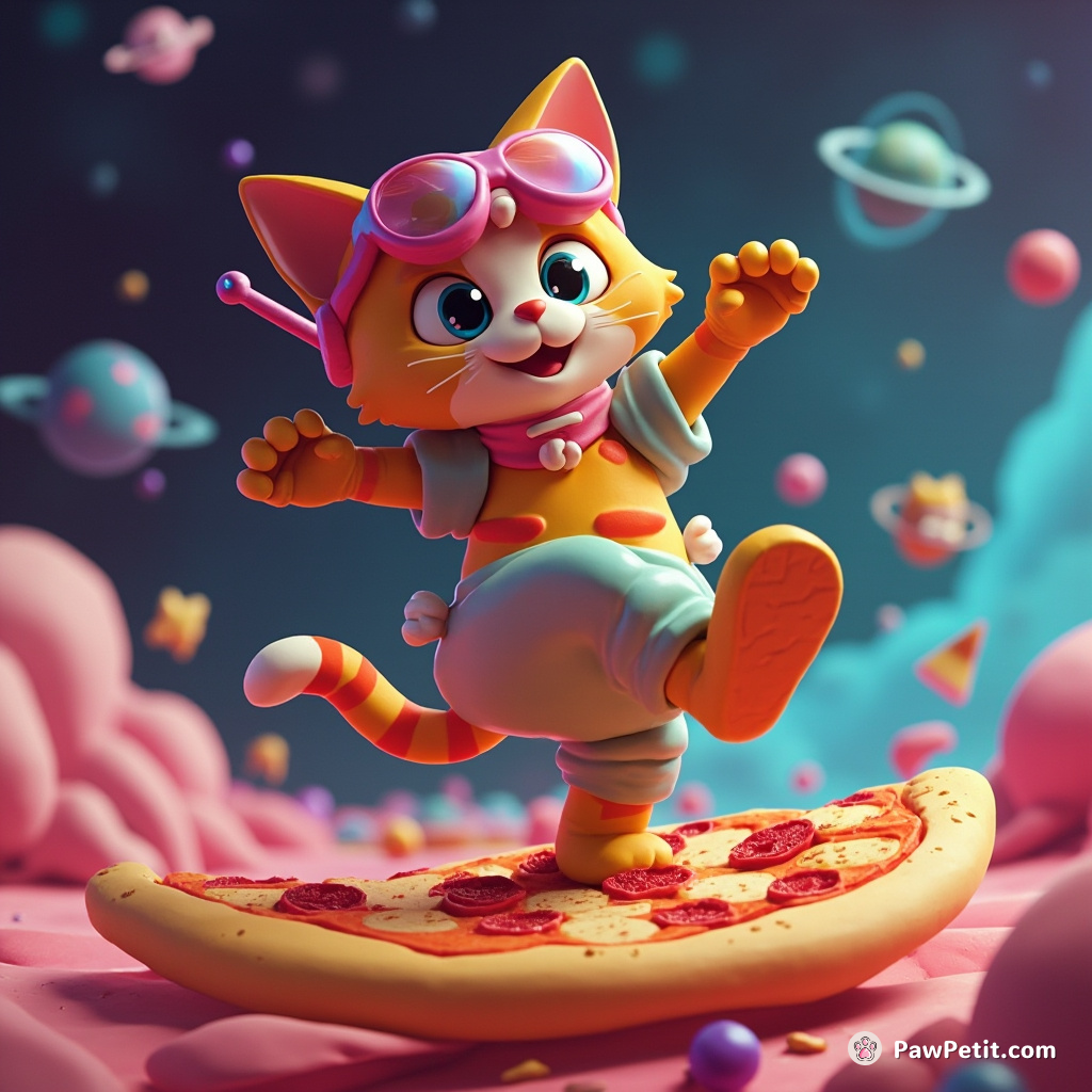 Cat breakdancing on a slice of cosmic pizza in zero gravity.