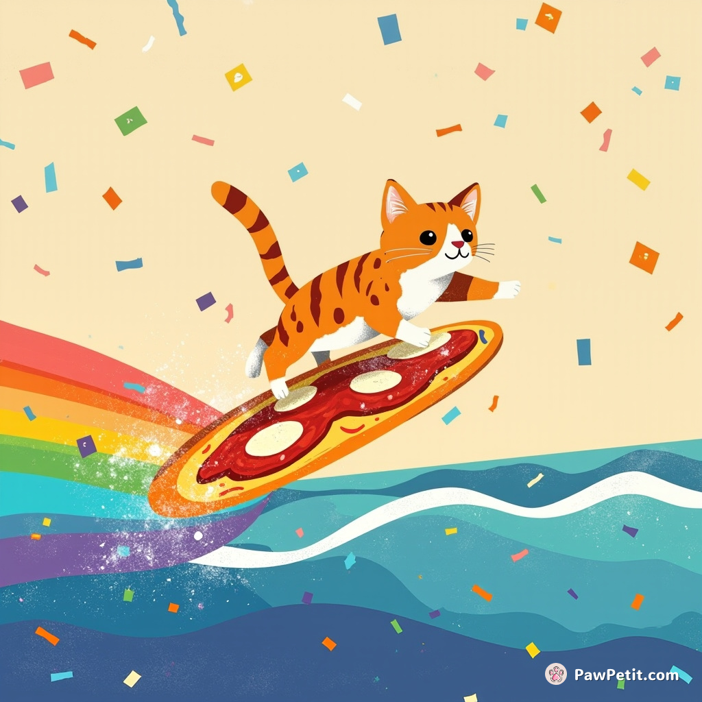 A cat surfing on a slice of pepperoni pizza over a rainbow-colored ocean under a confetti-filled sky.
