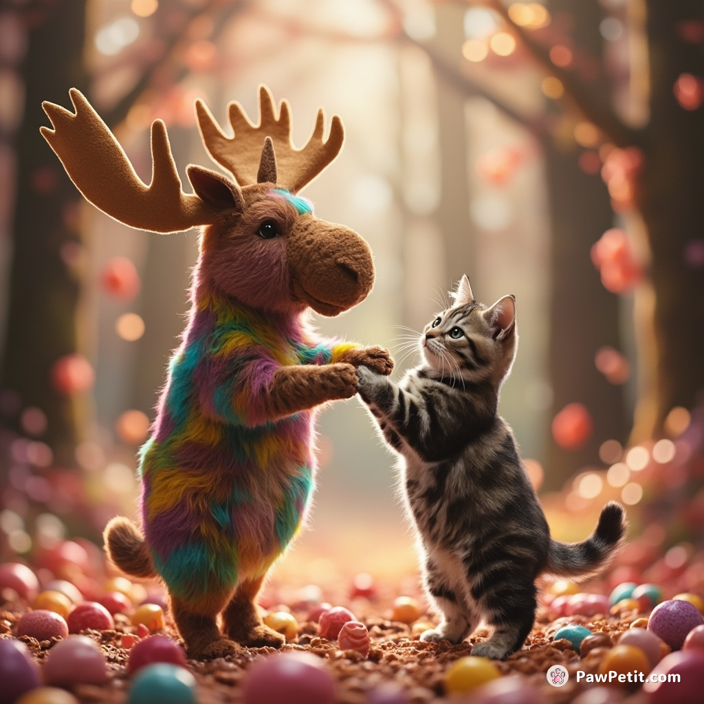 Cat teaching multicolored moose to dance in a completely candied forest.