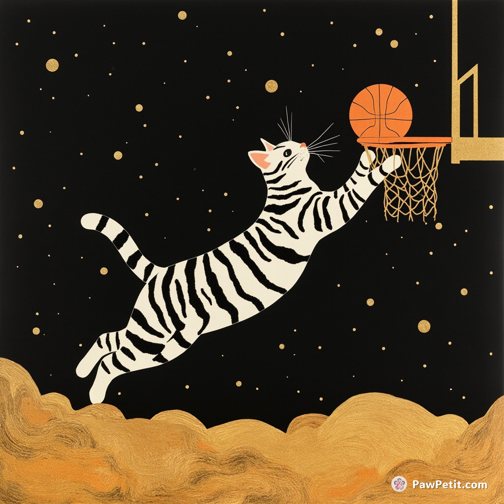 A zebra-striped cat dunking a crispy basketball into a liquid gold hoop in an asteroid field.